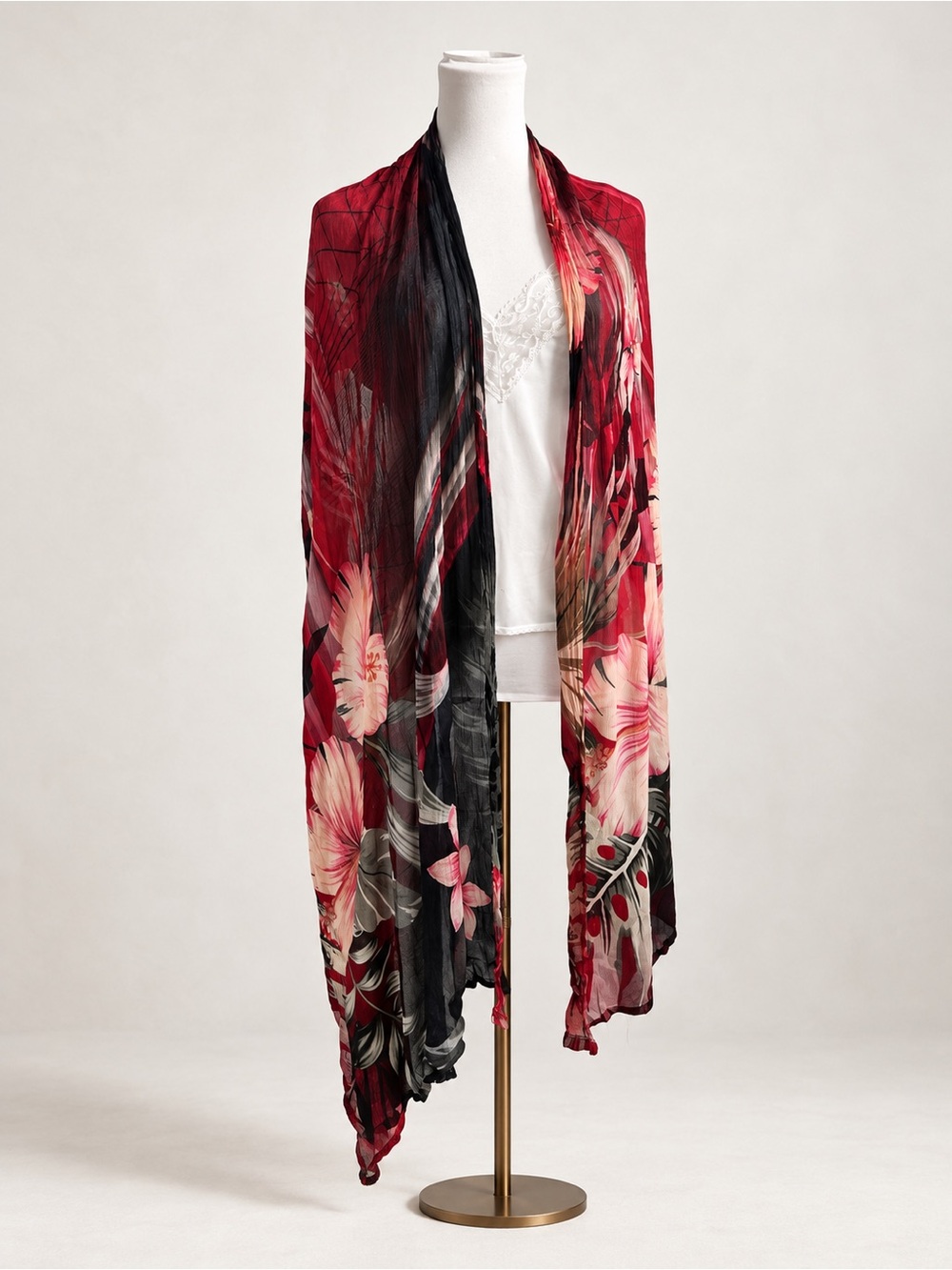 Red Black Tropical Floral Scarf Wrap Sheer Crinkle Goth Boho